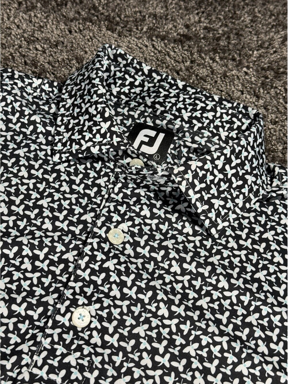 FootJoy Golf Polo Shirt Men Large Black Floral AOP Print Short Sleeve Stretch